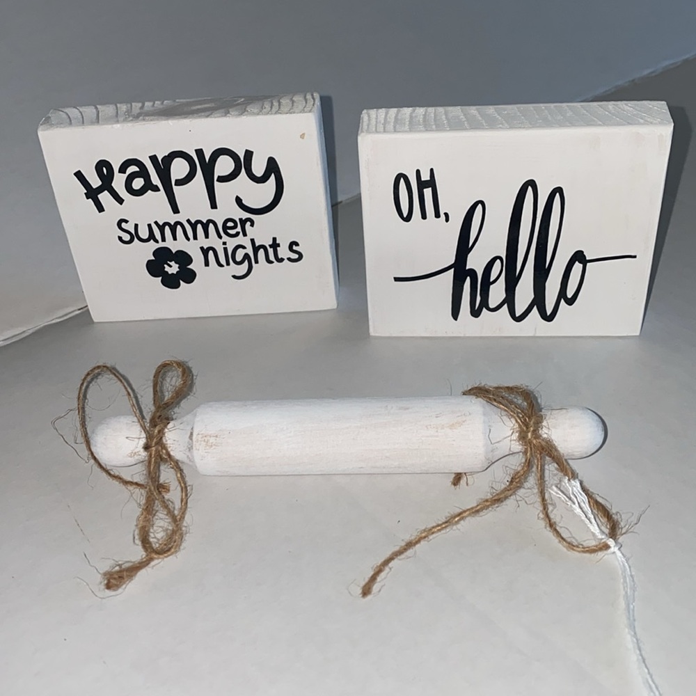 Set of 3 summer wood sign shelf sitters. Approximately 3x3 and Mimi rolling pin
